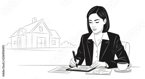 woman working on documents with house background.