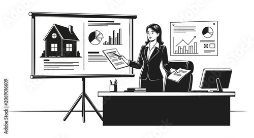 Businesswoman presenting real estate data.