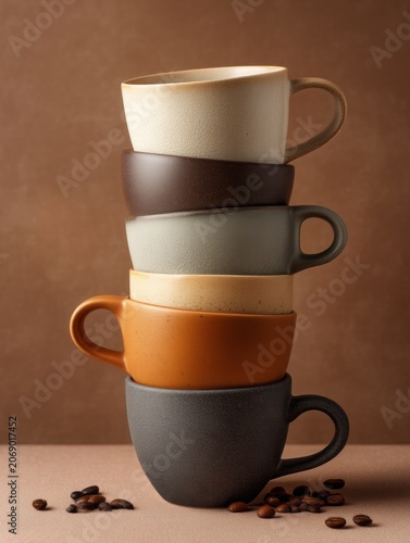 Aesthetic stack of colorful ceramic coffee cups showcasing texture and design perfect for home decor and kitchenware enthusiasts. Generative AI