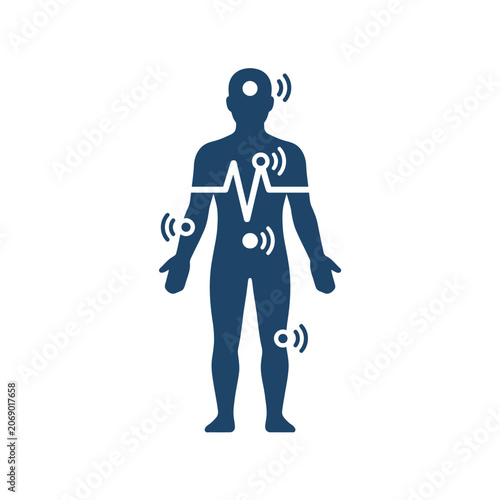 A blue silhouette of a human body with medical sensor icons