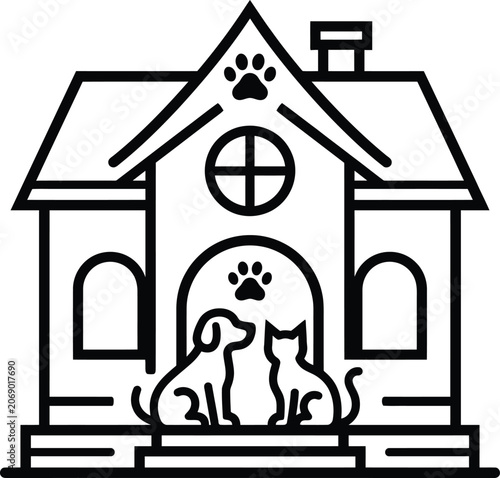 Pet care veterinary house vector icon line art with black and white, veterinary