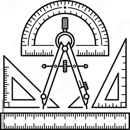 Precision drafting compass and protractor line art vector icon with black