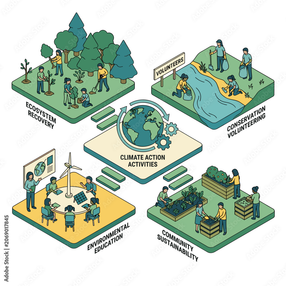 Fototapeta premium Visualizing global climate action Illustrating sustainable practices in ecosystem recovery, conservation volunteering, environmental education, and community sustainability