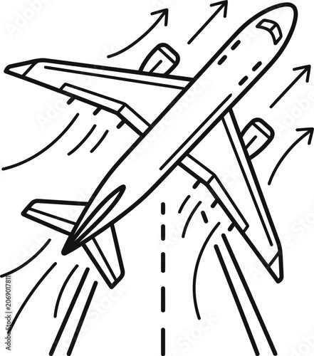Airplane flight path vector icon - line art illustration with black and white