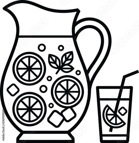 Lemonade pitcher and glass vector icon line art with black and white, lemonade