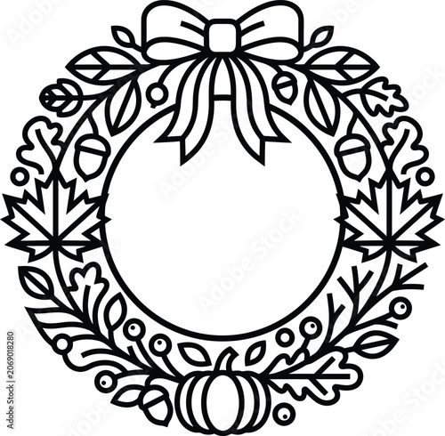 Autumn wreath line art vector icon with pumpkin and acorns, black and white
