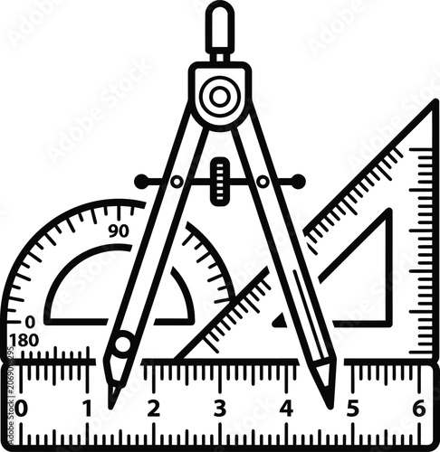 Geometry drawing kit tools line art vector icon with black and white, geometry
