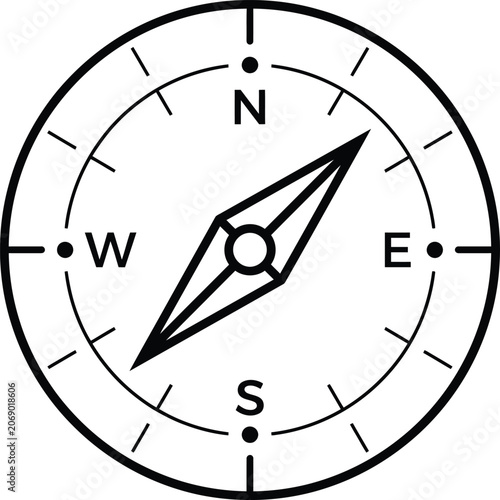 Directional compass vector icon line art with black and white, direction