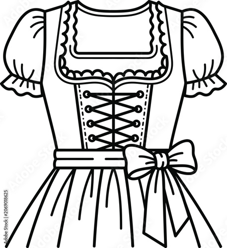 Dirndl dress vector icon - traditional folk style line art with black and white