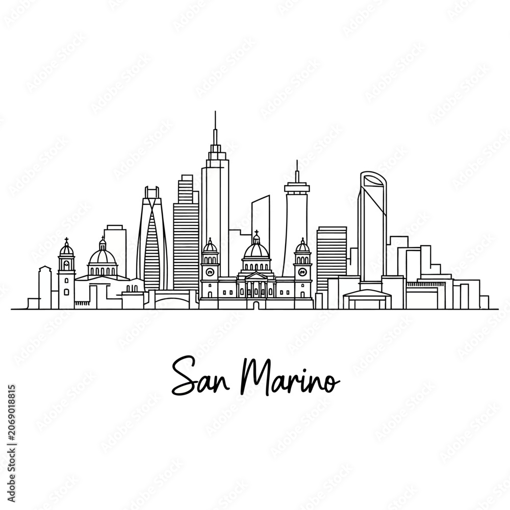 Fototapeta premium San Marino Cityscape Outline Illustration, Landmark Skyline, Black and White, Minimalist