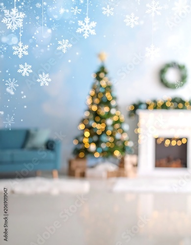 Cozy Blurred Christmas Tree Glowing in Modern Living Room Interior
