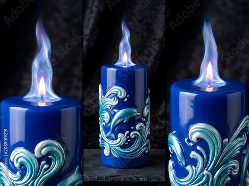Three Blue Candles with Flame and Wave Design.