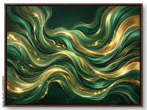 Abstract Fluid Gold and Green Wave Art Texture.