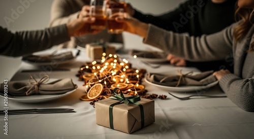 Holiday gift box with golden decorations on festive dining table setting
