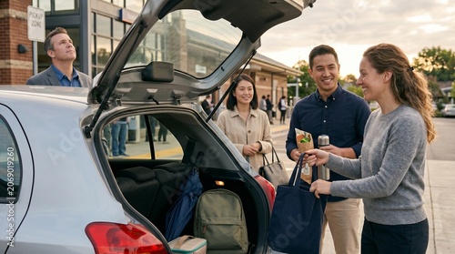 After work shared commute loading trunk near suburban station pickup