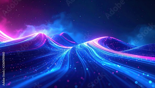 An abstract depiction of a flowing landscape of light trails and glowing particles in shades of blue and pink.