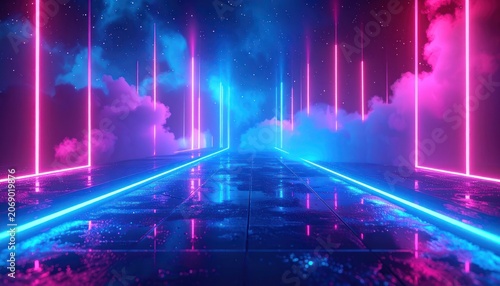 A surreal neon pathway glows with vibrant pink and blue lights, set against a backdrop of stars and clouds.