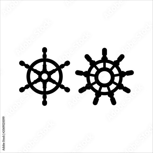 Nautical ship wheel solid icon set with two different classic wooden helm silhouette designs isolated on white background