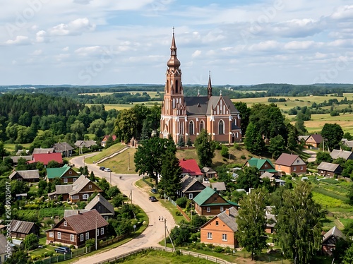 Aerial view of medieval cathedral in lush countryside.