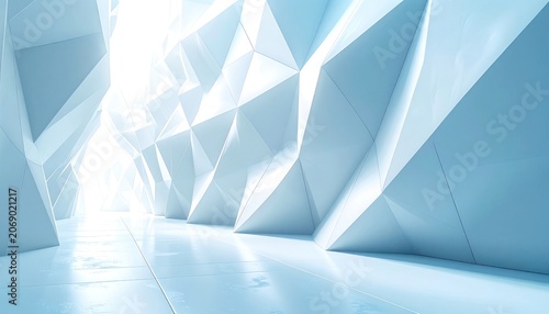 A brightly lit corridor with angular, faceted walls and a reflective floor.