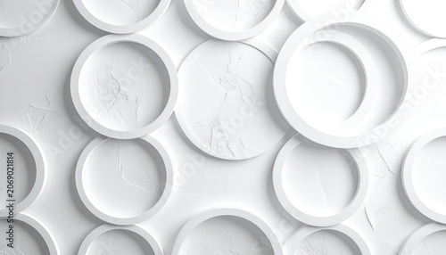 A close-up, overhead view shows a seamless pattern of overlapping white circular rings with textured interiors against a rough white background.