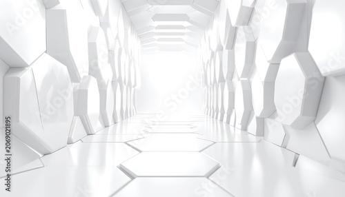 A futuristic, minimalist white hexagonal corridor receding into bright light.