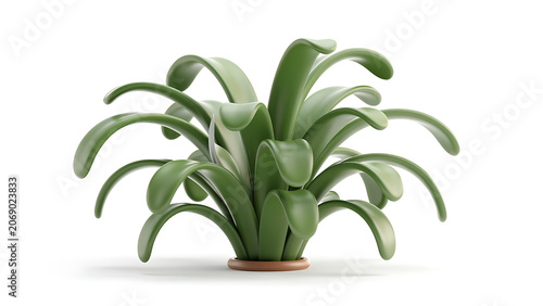 A stylized 3D rendering of a vibrant green plant with broad leaves, sitting on a small brown base, isolated on a white background.
