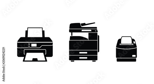 Schilderij op canvas Three inkjet printers in black silhouette against a white background a modern of
