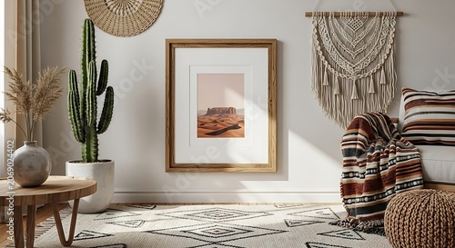 Bohemian Living Room Decor with Cactus and Artwork.