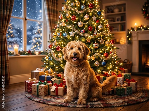 Golden retriever sitting under festive Christmas tree indoors.