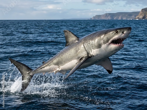 Great White Shark Breaching Ocean Surface.