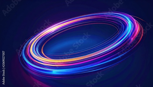 A bright elliptical trail of colorful light streaks across a dark blue background.