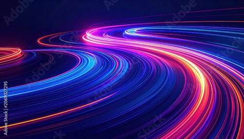 Abstract trails of vibrant neon light streaks in a dark, futuristic landscape.
