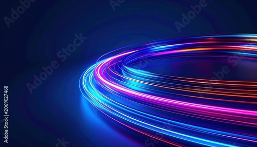 Abstract swirling light trails in neon colors against a dark blue background.