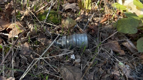 An unexploded submunition half-hidden in dry leaf litter and fresh spring grass, with a deminer's wooden marker nearby. Explosive remnants of war and unexploded ordnance; editorial