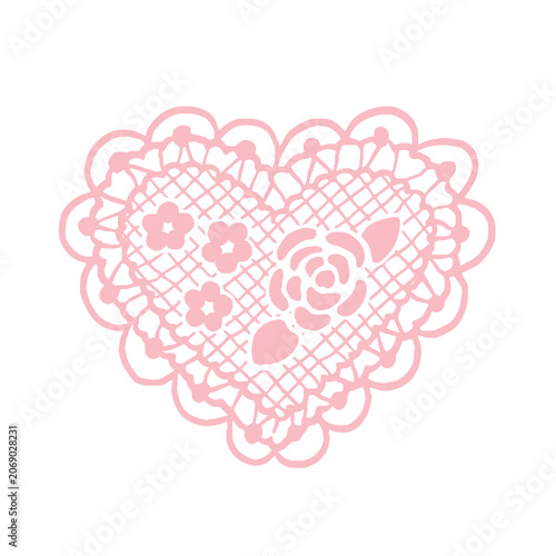 Openwork lacy heart with delicate flowers rose and daisies. Crochet design element. Vintage doily aesthetic. Softcore, grandmillennial. Hand drawing clip art for greeting cards, wedding, invitations