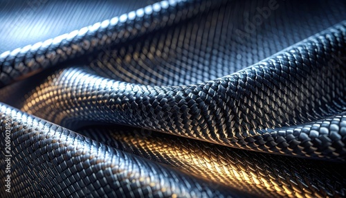 A close-up, abstract macro shot highlights the intricate woven texture of a dark, metallic fabric.