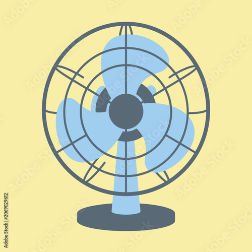 Minimalist blue electric desk fan icon on a yellow background