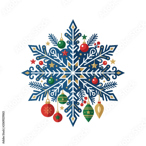A blue snowflake holiday ornament hangs with festive decorations