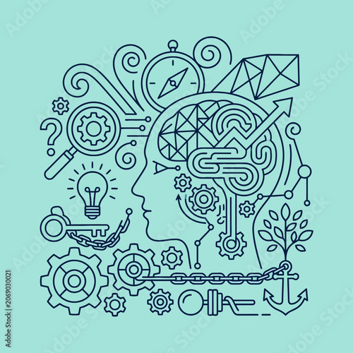 A creative line art illustration of human brain and logic