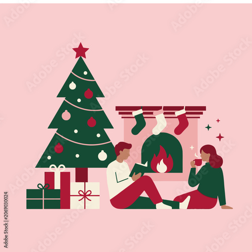 A cozy couple relaxes by the fireplace during Christmas
