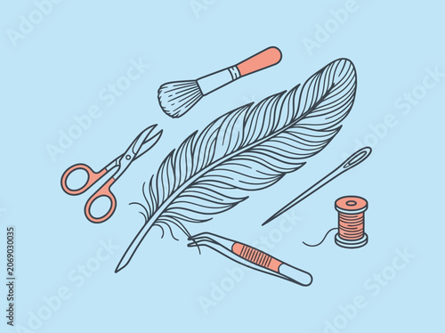 Vintage sewing tools and a feather on a blue background