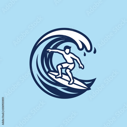Minimalist illustration of a surfer riding a large ocean wave
