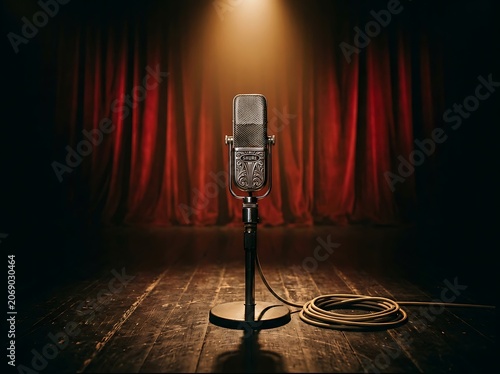 Vintage Microphone on Stage with Red Curtains.