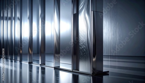 A row of reflective metallic columns with varied textures and dramatic lighting.