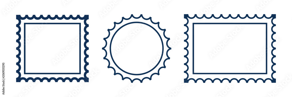 Obraz premium Set of blue postage stamp frames, serrated edge borders in rectangle square and oval formats, vintage postal label shapes, isolated vector illustration on transparent background.