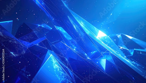Abstract 3D geometric shapes with glowing light effects and particles.