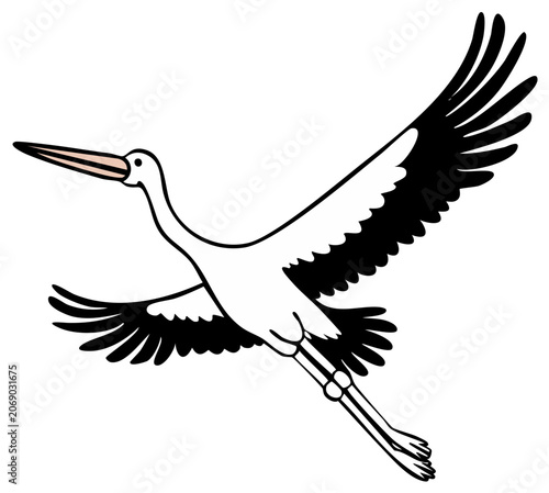 Stylized illustration of a white stork in flight with black wingtips and long legs extended