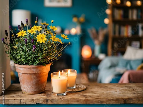 Rustic Table with Potted Flowers and Candles.
