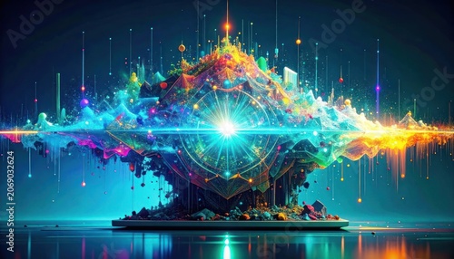 A vibrant, abstract digital landscape with a central glowing nexus and cascading lights.
